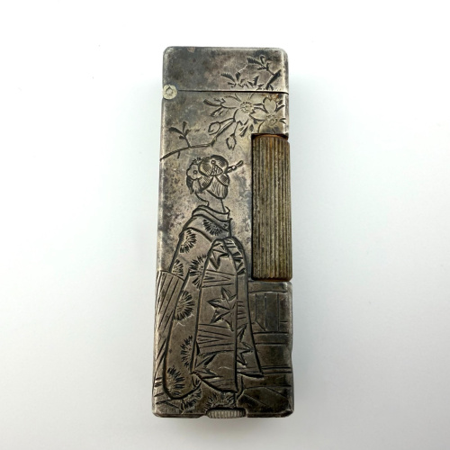 Vintage Sterling Silver Japanese Lighter Taiyo Geisha Kimono Engraved Flip-Top