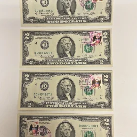 1976 $2 First Day of Issue 4 Consecutive $2 Bills 13¢ Stamp Bicentennial