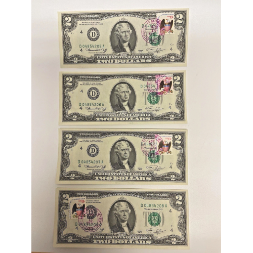 1976 $2 First Day of Issue 4 Consecutive $2 Bills 13¢ Stamp Bicentennial 1976 $2 First Day of Issue 4 Consecutive $2 Bills 13¢ Stamp Bicentennial