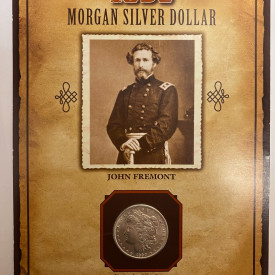 1890 Morgan Silver Dollar with Stamp on Card, American West, John Fremont