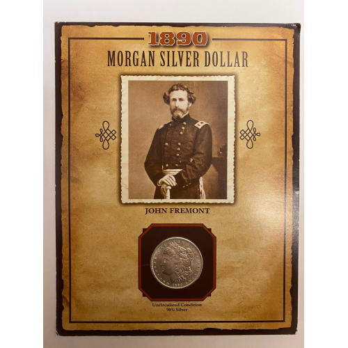 1890 Morgan Silver Dollar with Stamp on Card, American West, John Fremont 1890 Morgan Silver Dollar with Stamp on Card, American West, John Fremont
