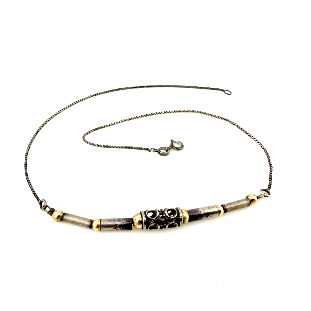 Vintage Sterling Silver 925 & Golden Ball Filigree Tube Beaded Necklace - 15" - Unbranded