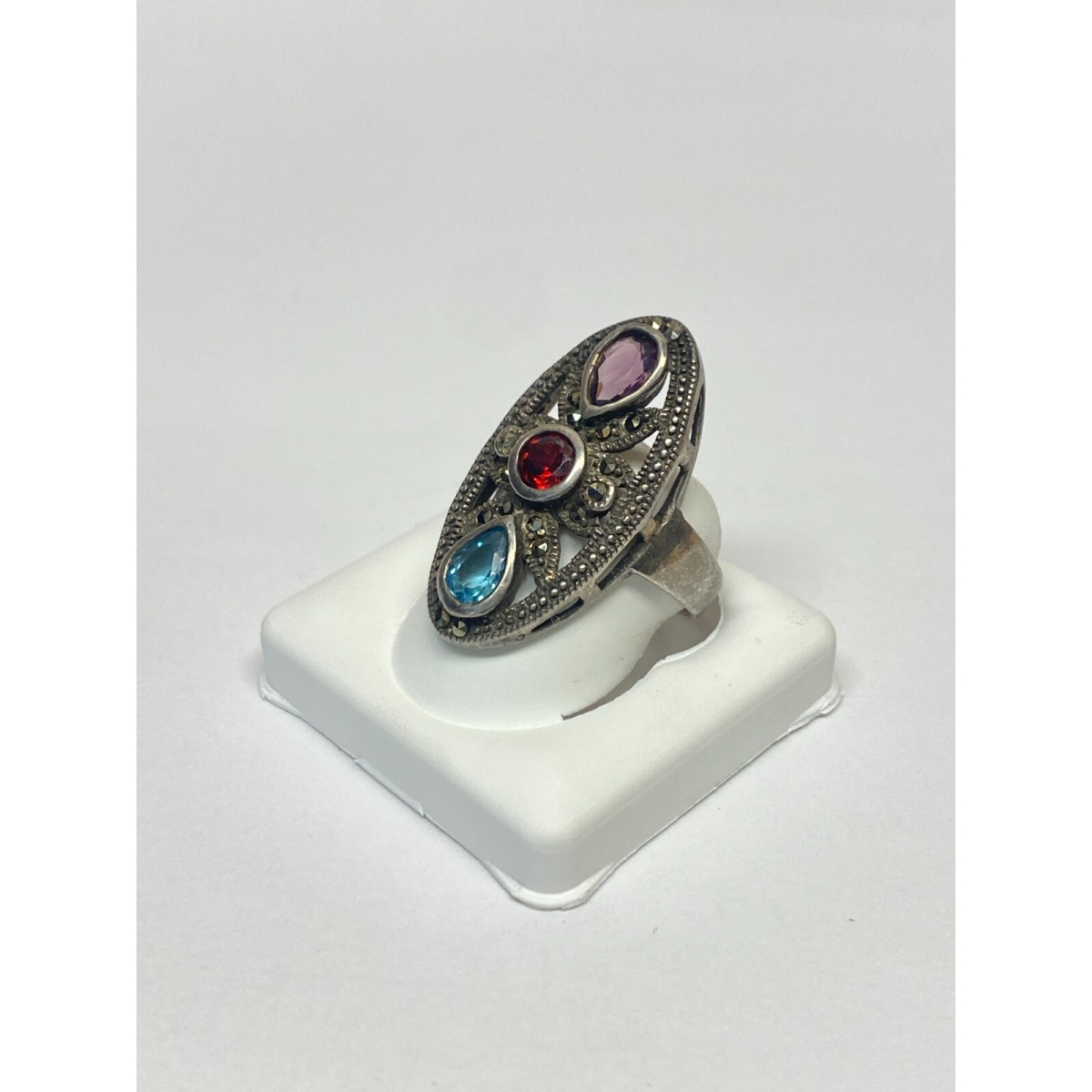Vintage Sterling Silver Marcasite and Multi Color stones Ring Size 7.5