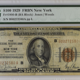 FR#1890-B 1929 PMG FRBN NY 100$ (BA Block) Jones/Woods 30 VERY FINE
