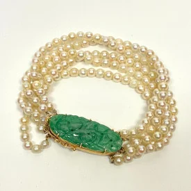 Jade 14k Clasp Five Strand Pearl Bracelet 7 Inch