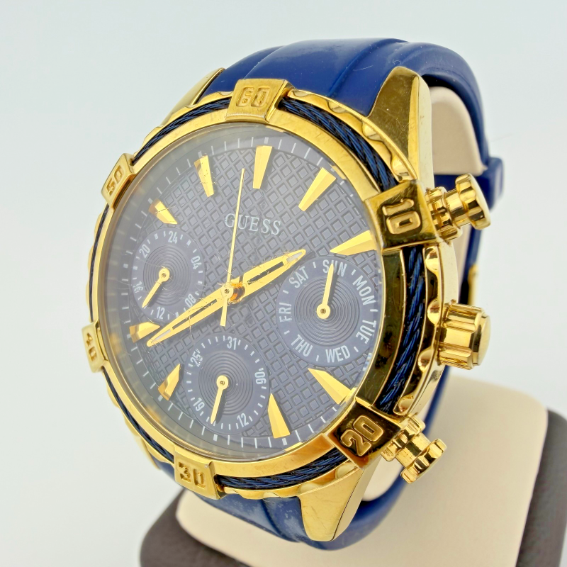 Guess Chronograph Gold Tone Watch Blue Silicone Strap Black Dial