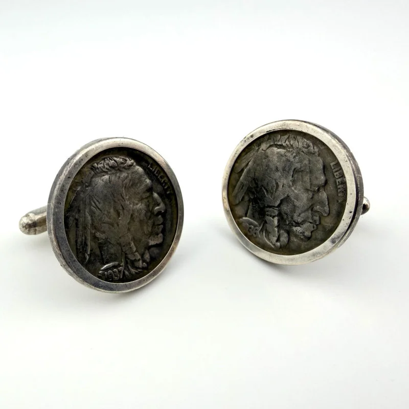 Cuff links 1936-1937 Buffalo Indian Nickel Coins Indian Head in a Silver Setting