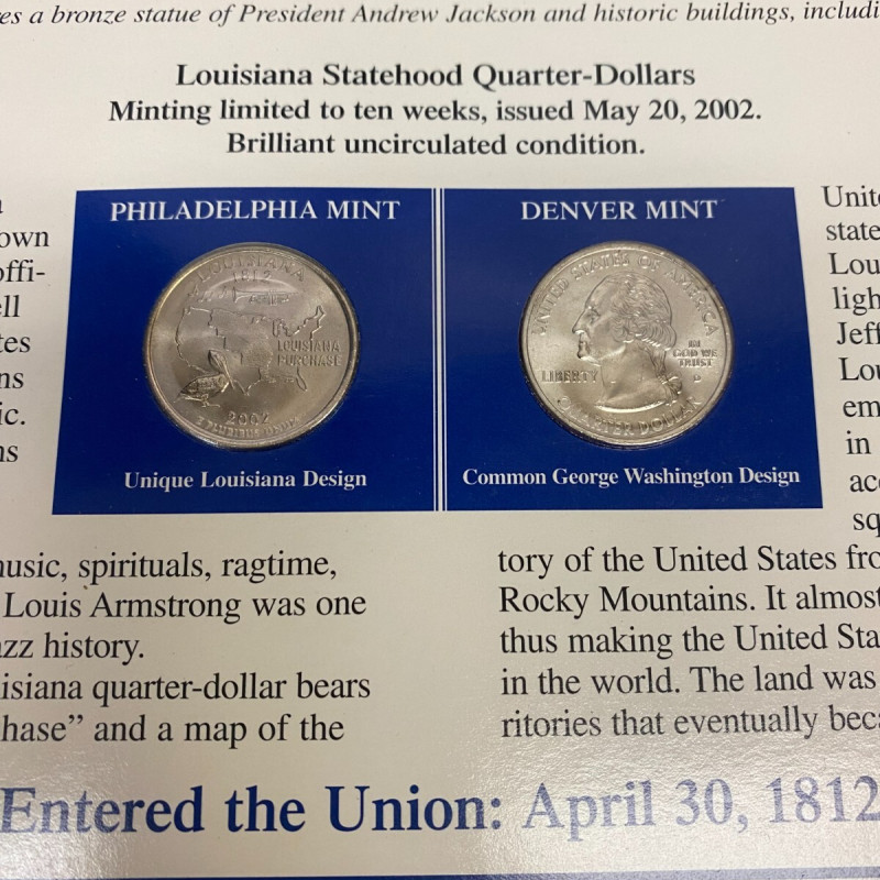 State Of Louisiana From Statehood Quarters & Stamps Collection