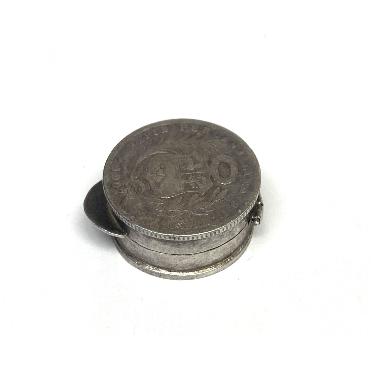 ANTIQUE 1907 Repub: Peruana Lima 9 Fino: F.G. Silver Coin Mini Container RARE