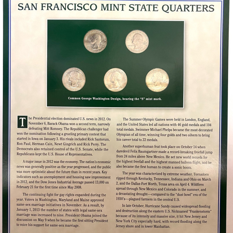 Limited-edition commemorative State Quarters, issued 2012. Brilliant condition