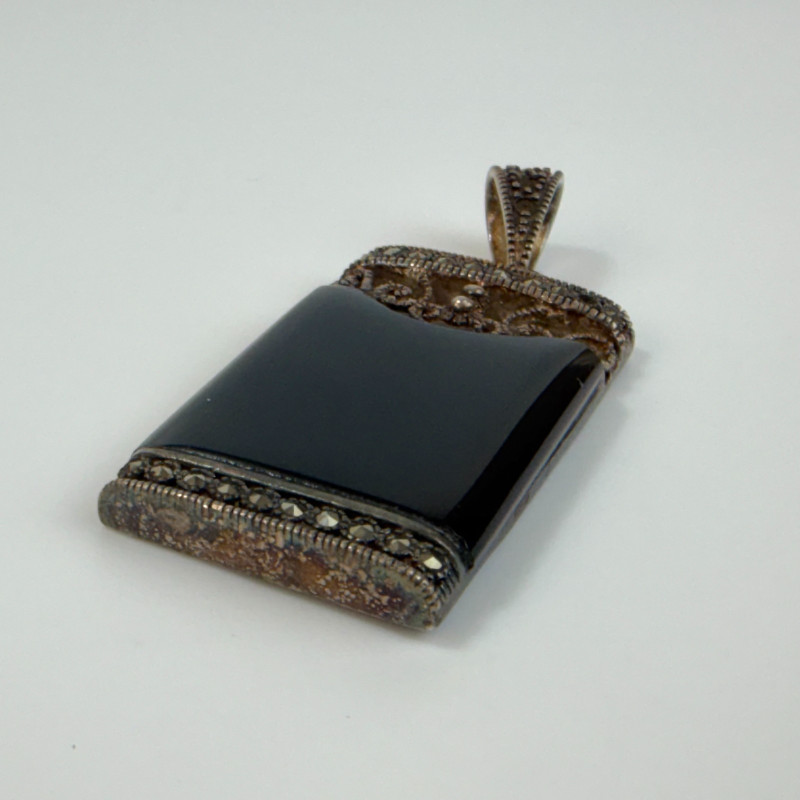 Vintage Rectangular Sterling Silver Black Onyx And Marcasite Pendant