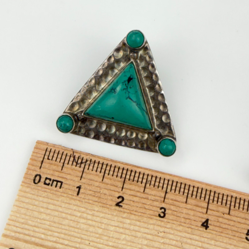 Vintage Dark Teal Turquoise Sterling Silver Triangle Stud Earrings Signed India