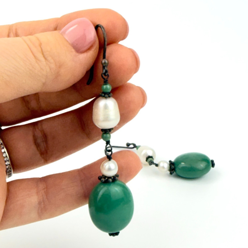 Vintage SX 925 THAI Pearls and Natural Green Round Beads Dangle Hook Earrings