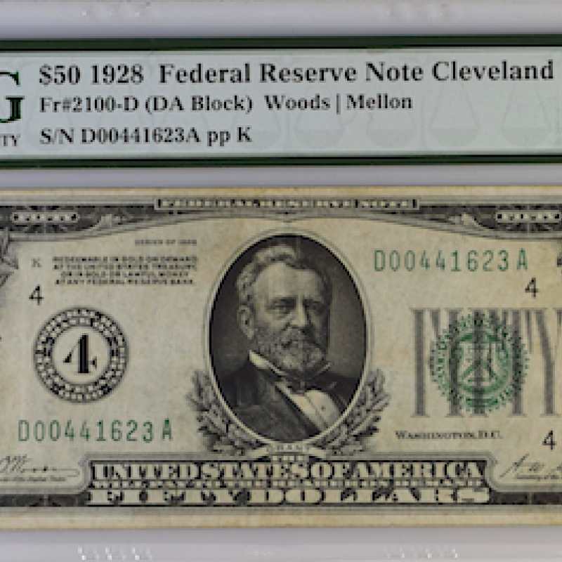 FR#2100 - D.1928 FRN Cleveland  35CVF  DA Block Woods/ Mellon 