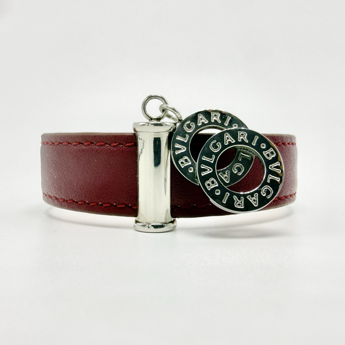 BVLGARI Doppio Tondo Red Leather Bracelet Silver Logo Rings Made in Italy - Bvlgari