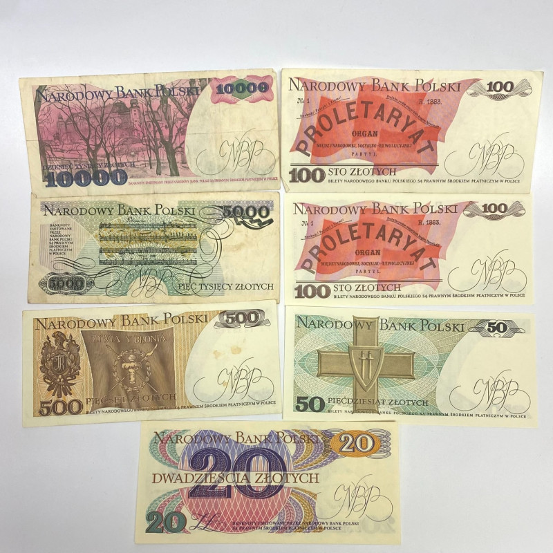 7 note set Poland 10000, 5000, 500, 2x100, 50, 20 Zlotych , 1982-1988 7 note set Poland 10000, 5000, 500, 2x100, 50, 20 Zlotych , 1982-1988