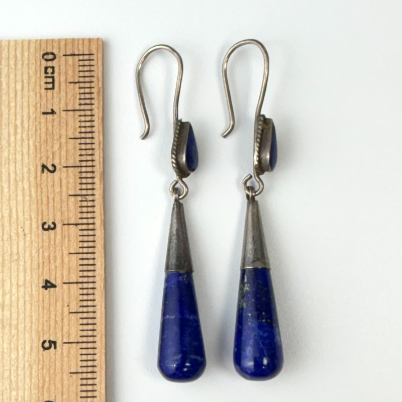 Sterling Silver Lapis Lazuli Bead Vintage Dangle Pierced Earrings
