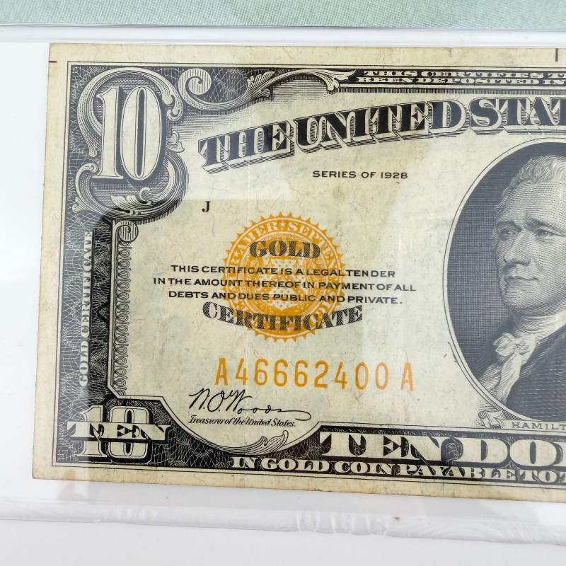 1928 $10 Gold Certificate Yellow Seal AA Block PMG 30 VF - serial # A46662400A
