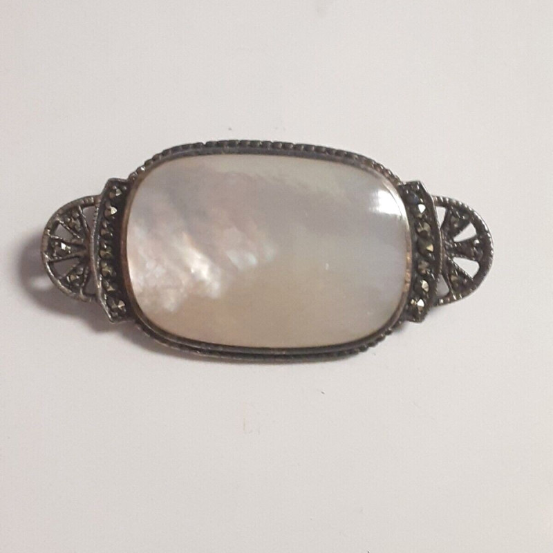 Sterling Silver Marcasite Pearl Gemstone Brooch  Woman's Pin 