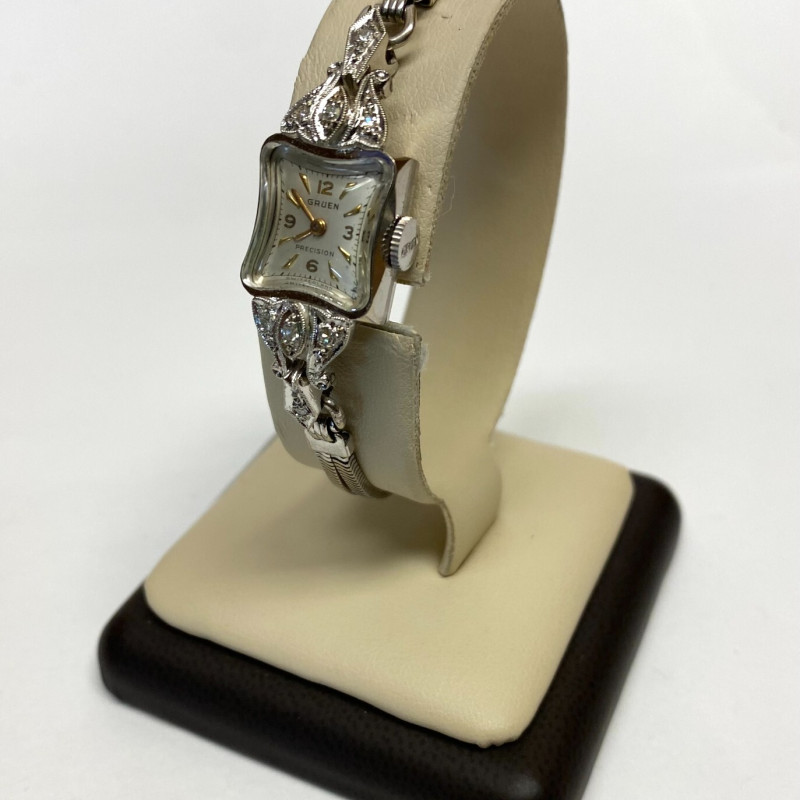 Vintage Ladies Gruen Precision 14K White Gold w Diamonds 17 Jewels