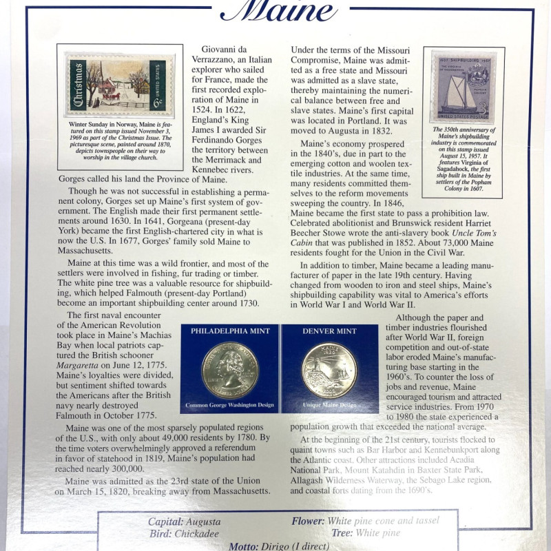 2003 Postal Commemorative Society Statehood Quarter/stamps  Maine P & D