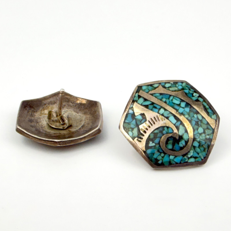 Unique Native American Style Mosaic Turquoise Hexagonal Stud Earrings Silver
