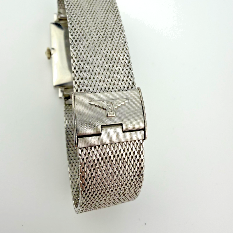 Vintage 1960 Longines Rectangular Black Dial 10K Gold Filled Mesh Bracelet Watch