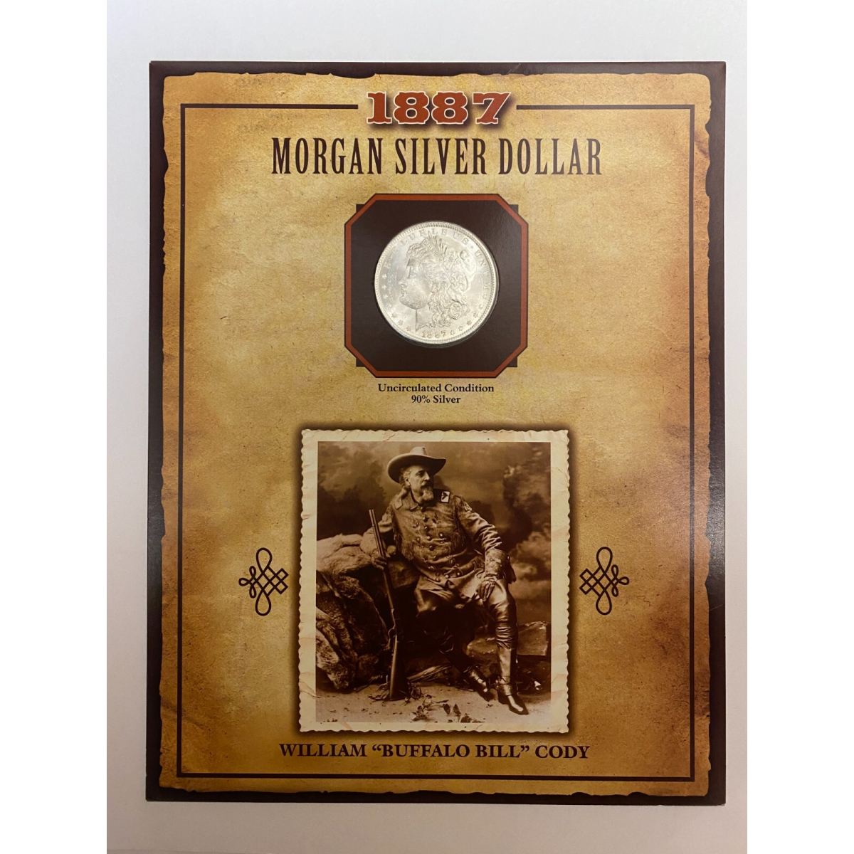 1887 Silver Morgan Dollar with Stamp on Card, American West, Buffalo Bill
