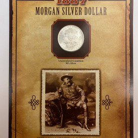 1887 Silver Morgan Dollar with Stamp on Card, American West, Buffalo Bill