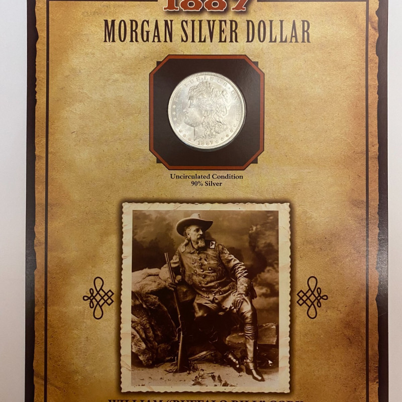 1887 Silver Morgan Dollar with Stamp on Card, American West, Buffalo Bill