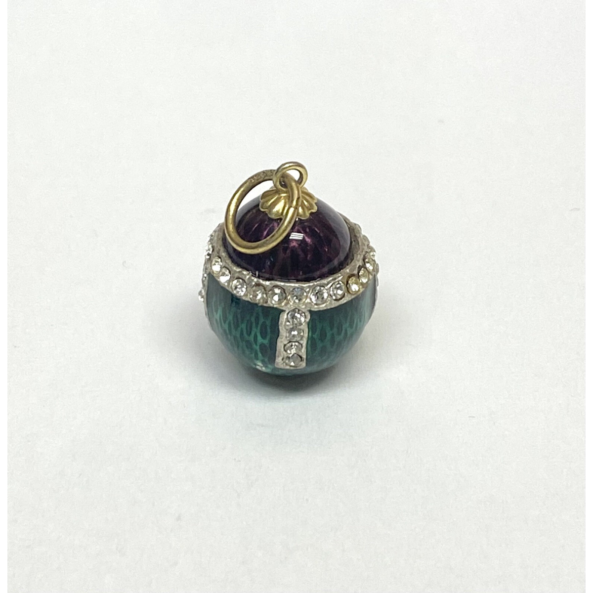 Antique Sterling Silver Green/Plum Colored Diamond Studded Enamel Egg