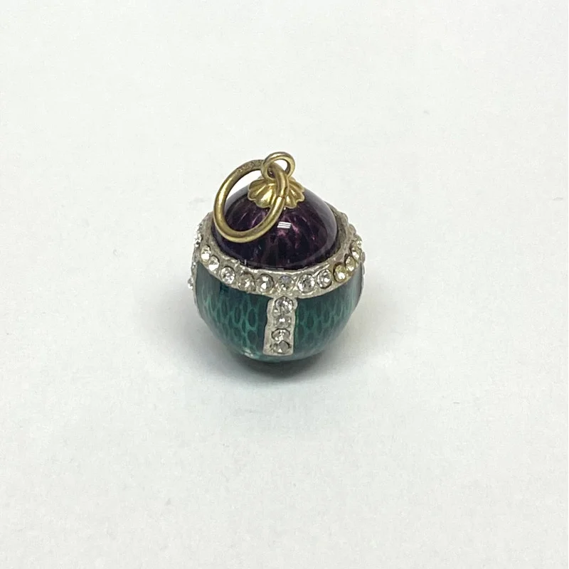 Antique Sterling Silver Green/Plum Colored Diamond Studded Enamel Egg