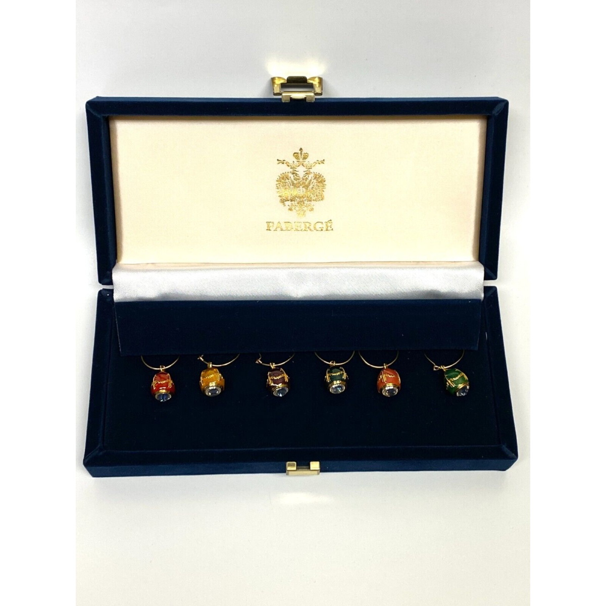 Faberge Egg Wine Glass Charms: Set of Six in Velvet Case - EXCELLENT CONDITION!