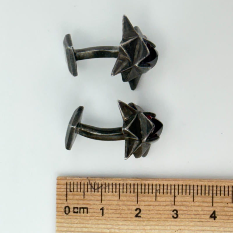 Mid Century Signed Hand Crafted Silver And Garnet Cufflinks