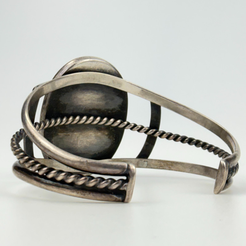 Native American Style Sterling Silver Oval Black&White Agate Stone Cuff Bracelet