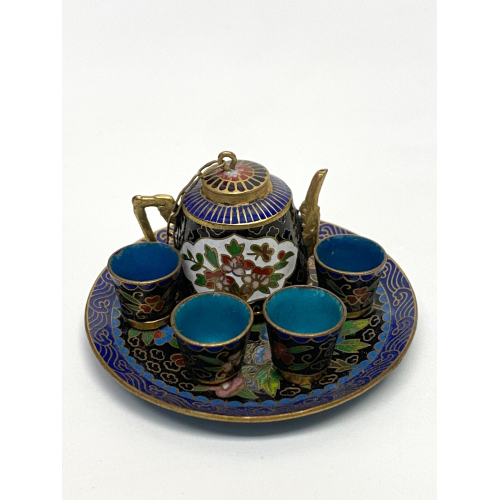 Cloisonne Enamel Chinese Miniature Tea Set Teapot Cups Tray Doll Child Blue Cloisonne Enamel Chinese Miniature Tea Set Teapot Cups Tray Doll Child Blue