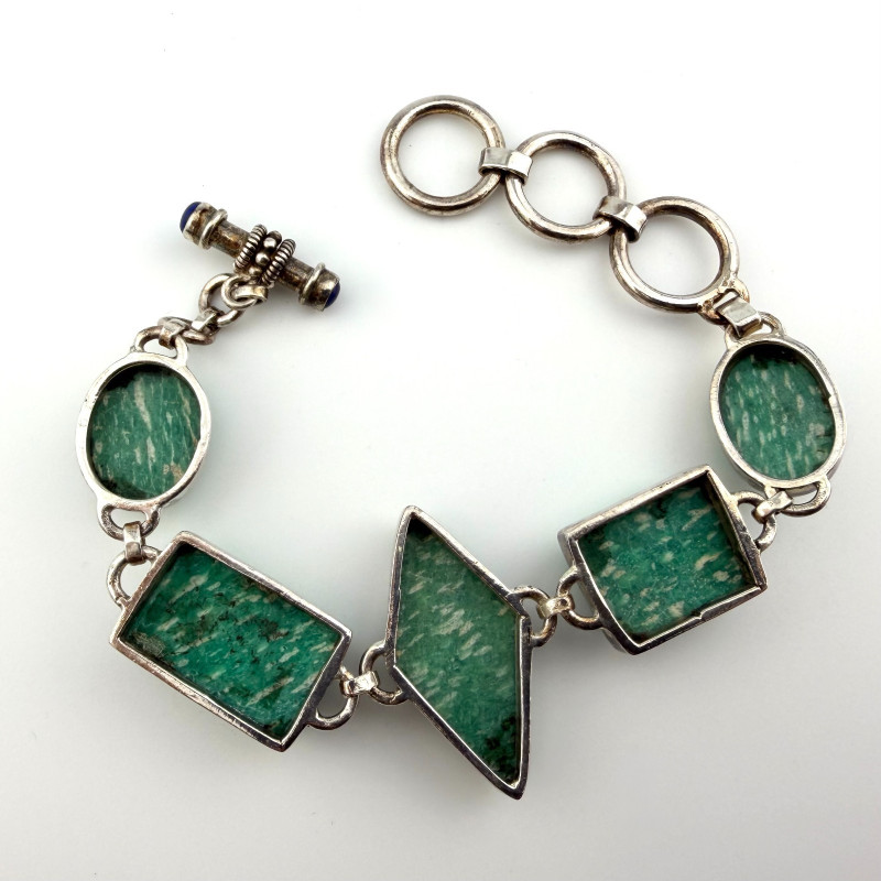 Navajo Selina Jake 925 Sterling Bracelet w/large Asymmetrical Amazonite Stones
