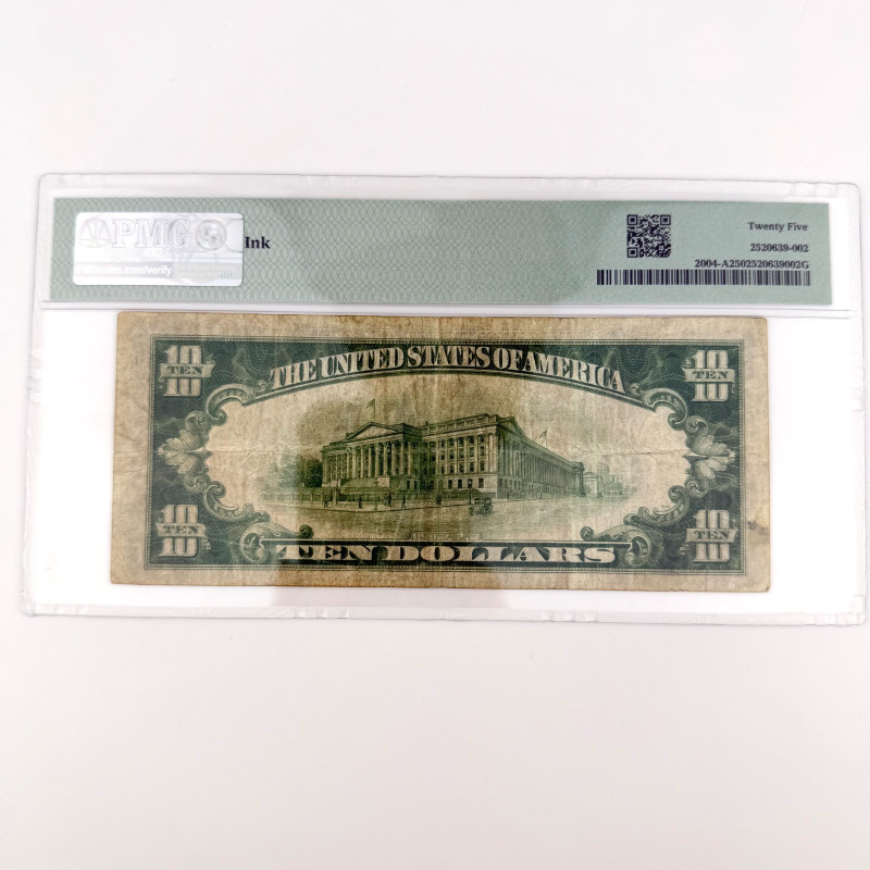 1934 $10 Federal Reserve Note Green Seal, Serial A36152983A Boston A, PMG 25 VF
