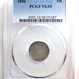 1850 PGCS LIBERTY SEATED 10C VG10