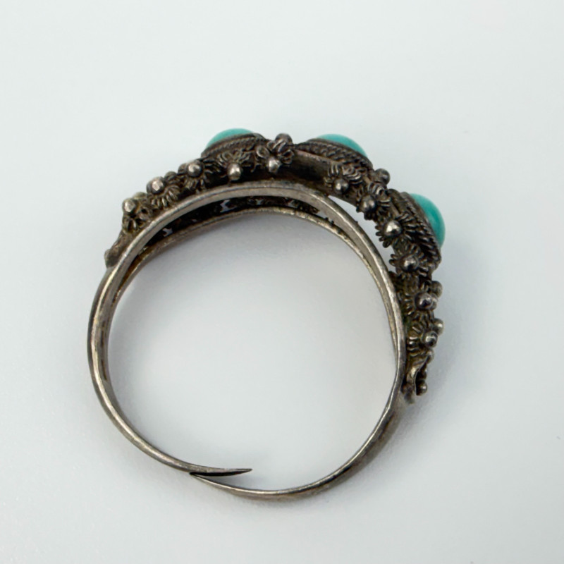 Chinese Export SterlingSilver Filigree Beauty Turquoise Ring, Adjustable