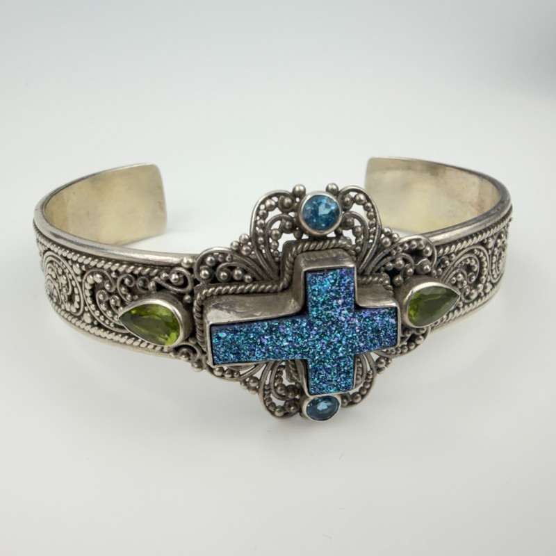 Rare Sarda Artisan Collection Of Bali Paraiba Silver Cuff Bracelet with Cross
