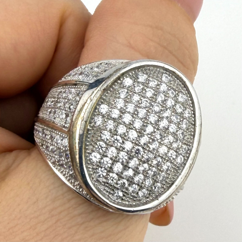 Hip Hop Ring Silver Finish With a Scattering of Cubic Zirconia Stones Size 10.25