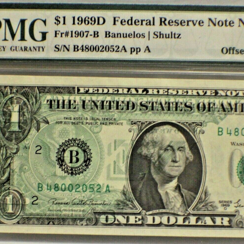 Fr#1907-b 1969D PMG  $1 OFF SET PRINTING ERROR PMG 58