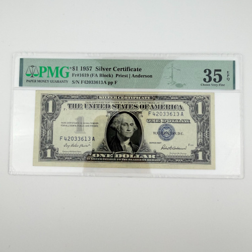 1957 $1 Silver Cert Fr. 1619 FA Block Priest/Anderson PMG 35 EPQ F42033613A 1957 $1 Silver Cert Fr. 1619 FA Block Priest/Anderson PMG 35 EPQ F42033613A