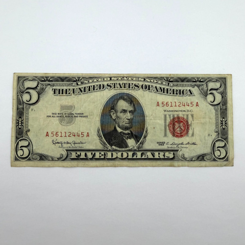 1963 Series $5 Red Seal United States Note, Serial A56112445A, Boston District A 1963 Series $5 Red Seal United States Note, Serial A56112445A, Boston District A