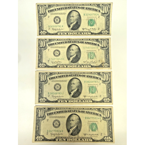 Lot of 4 $10 Federal Reserve Notes Series 1950, 1950D & 1950E U.S. Ten Dollar Lot of 4 $10 Federal Reserve Notes Series 1950, 1950D & 1950E U.S. Ten Dollar