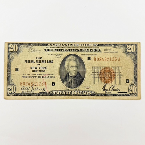 1929 $20 Federal Reserve Bank Note FRB of New York Brown Seal, Series B02482126A 1929 $20 Federal Reserve Bank Note FRB of New York Brown Seal, Series B02482126A