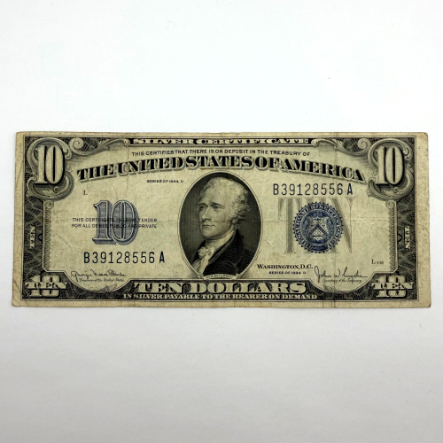 1934-D $10 Silver Certificate Blue Seal Note New York B 1934-D $10 Silver Certificate Blue Seal Note New York B