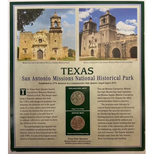 2019 Texas San Antonio Missions Quarter P&D w/ 2 Stamps Display Card 2019 Texas San Antonio Missions Quarter P&D w/ 2 Stamps Display Card