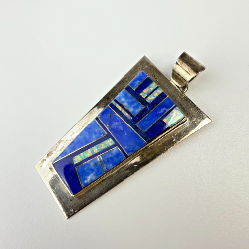 Vintage Navajo Inlay Sterling Mosaic Pendant Necklace, By TF Thomas Francisco Vintage Navajo Inlay Sterling Mosaic Pendant Necklace, By TF Thomas Francisco